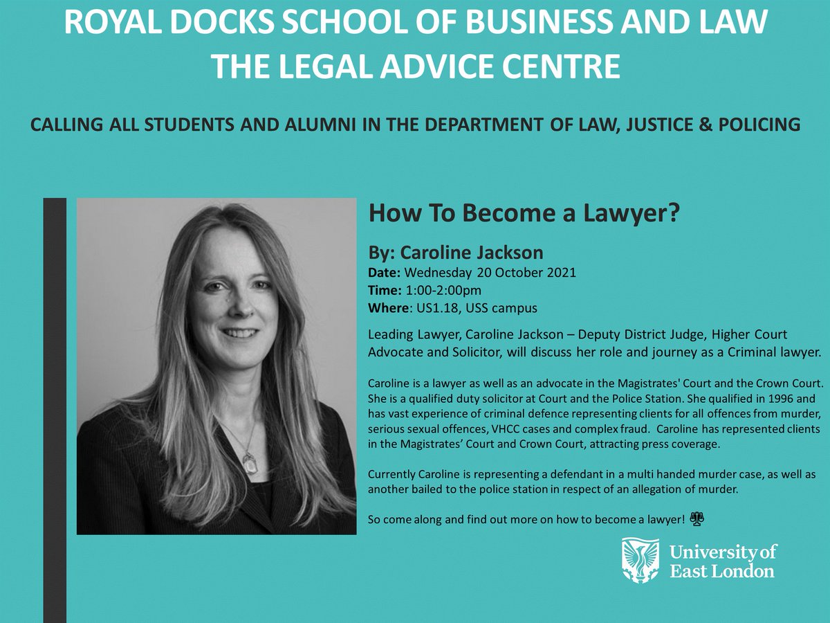 SBL_UEL's tweet photo. The @UELAdviceCentre at @UEL_News, is excited to announce that Caroline Jackson, Deputy District Judge will be speaking to our law students and giving them advice on 'how to become a #lawyer?'

Register via the Career Zone https://t.co/KNUyvFJR43

#law #Criminology #justice https://t.co/167oMBUu79