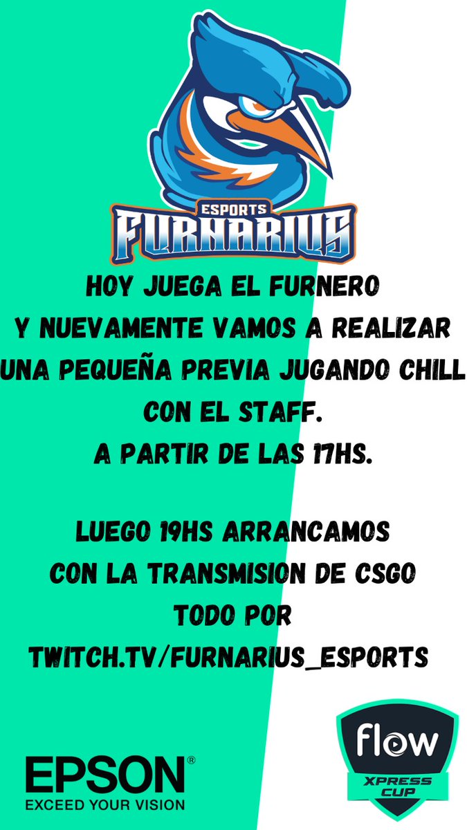 FurnariusE's tweet photo. Hoy estaremos en vivo desde las 17hs, jugando Valorant. 

Luego 19hs la crema de la crema pa, la primera de csgo, buscará los octavos de final en la Flow Xpress Cup.

Venite a vernos y a pasar un buen momento.

https://t.co/qaITAaH60r

#VamosFurnarius https://t.co/u4ZE4XJoLY