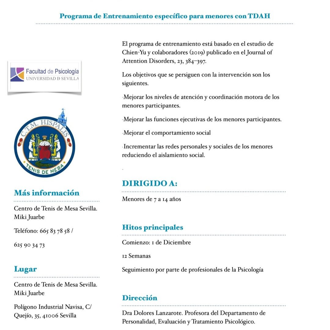ctmhispalis's tweet photo. La @PsicologiaUS de la @unisevilla  y el @ctmhispalis  ponen en marcha un programa de entrenamiento Específico para Menores con TDAH. 
El programa de entrenamiento esta basado en un estudio de Chien-Yu 
Con la  colaboración del #DocServicios  @rfetm_tenismesa y @fatenisdemesa https://t.co/GoZRv3Ws2w