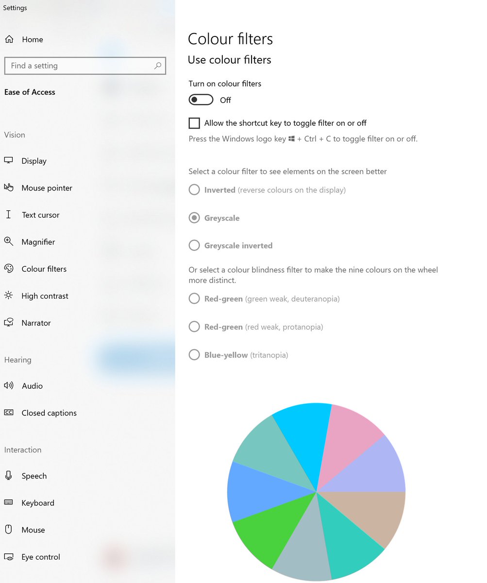 MsKBurke1's tweet photo. In the ease of access centre there is a number of colour filters to enable staff &amp; students to enable pictures, colours easier to see.

this includes 3 options for colour blindness  

the colour wheel will change will reflect the change selected

#accessibility #microsoftedu https://t.co/6rOyzyEtKM