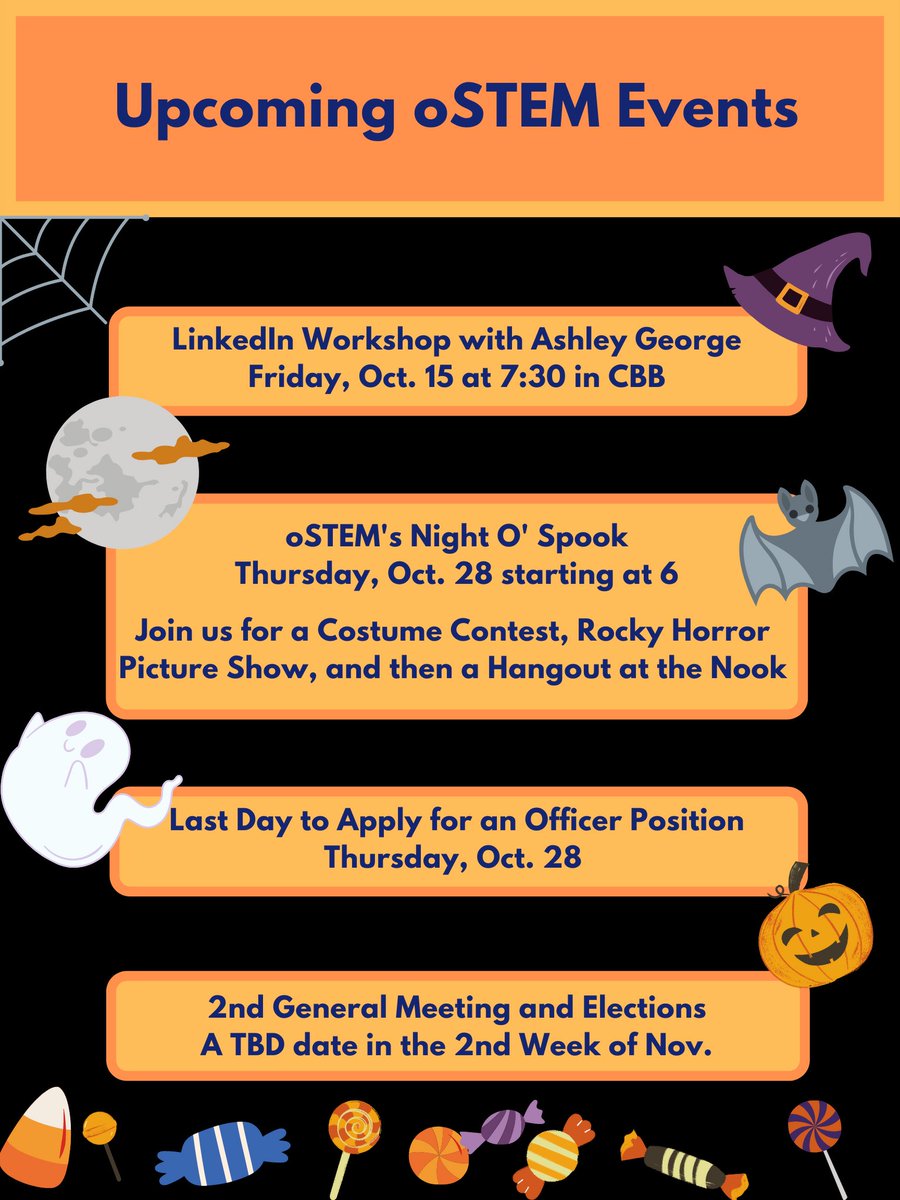 Hey yall here are some upcoming events and announcements for October and November!
We are creating 2 new junior officer positions. The first is a general officer and the second is focused on overseeing our volunteering efforts. The application for these roles will open this week.