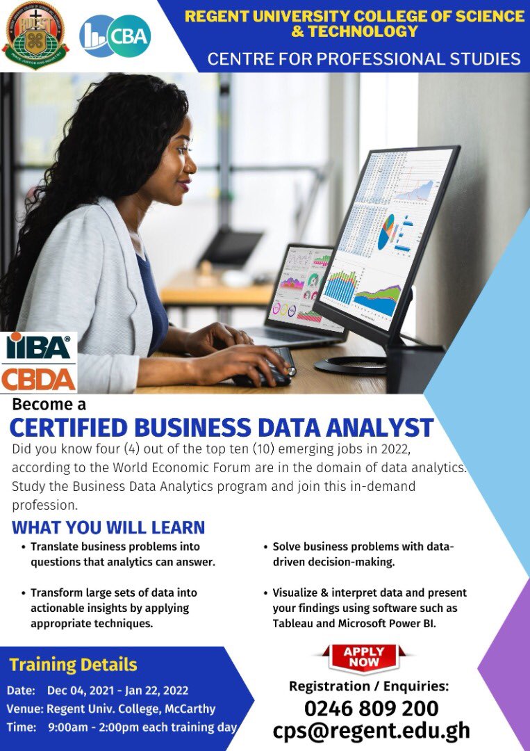 sokwateng's tweet photo. The Business #DataAnalytics program will help demystify data and strengthen your analytical skills. Get #certified, be ahead, be in demand, up-skill yourself to be relevant in the workplace by enrolling in the next #certification training. Call 024 680 9200 to register https://t.co/zvDis3qF6I