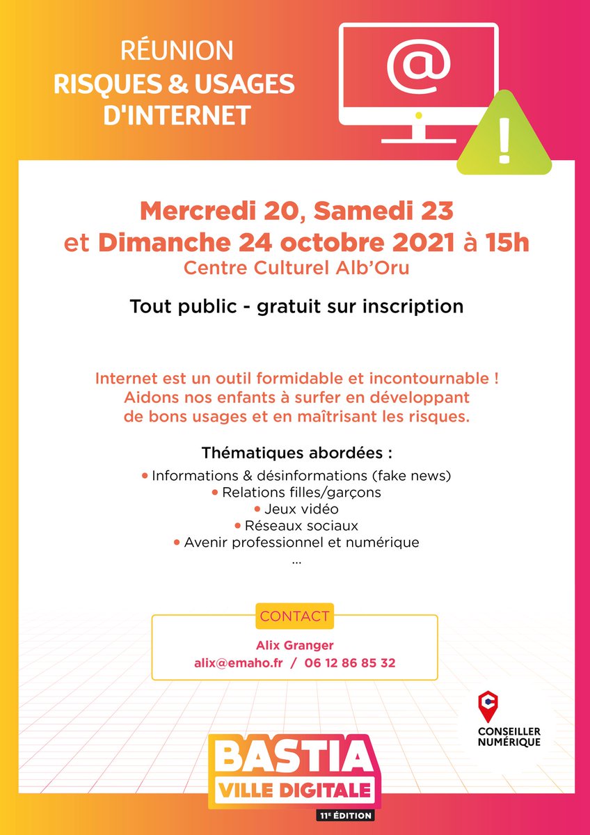VilleDigitale's tweet photo. [Réunions Internet] Le 20, 23 &amp; 24/10 vont se dérouler au CC Alb'Oru des réunions Risques et usages d'#Internet 

Réunions sur inscription à alix@emaho.fr

@Cita_Bastia @AggloBastia @ANCTerritoires @BanqueDesTerr @caissedesdepots @aircorsica @corse_active @EauZilia @LPNews_Corse https://t.co/552i1EDRdW