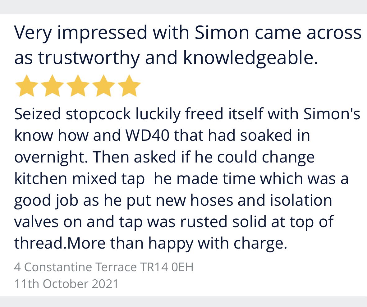 Nice review from this morning’s customer #plumber #Cornwall #happyinmyjob