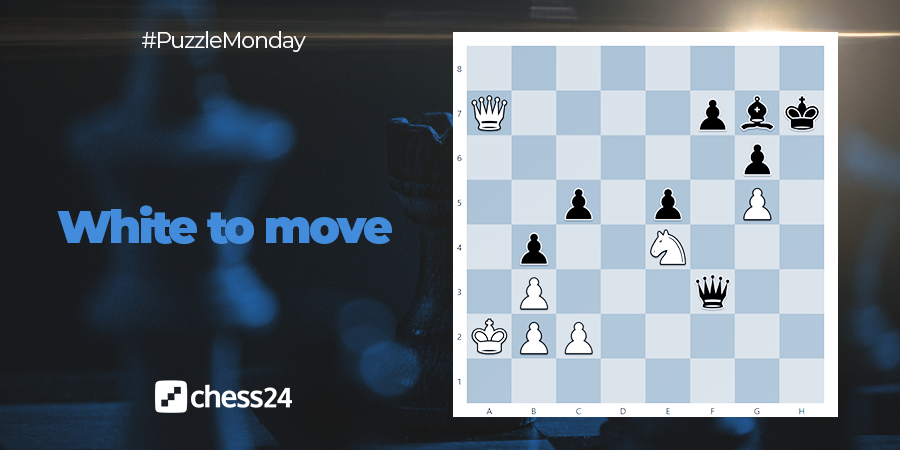 chess24com's tweet photo. #PuzzleMonday Time! White to move. Remember to keep an eye on all your opponent's resources. https://t.co/uDELI1Ragt