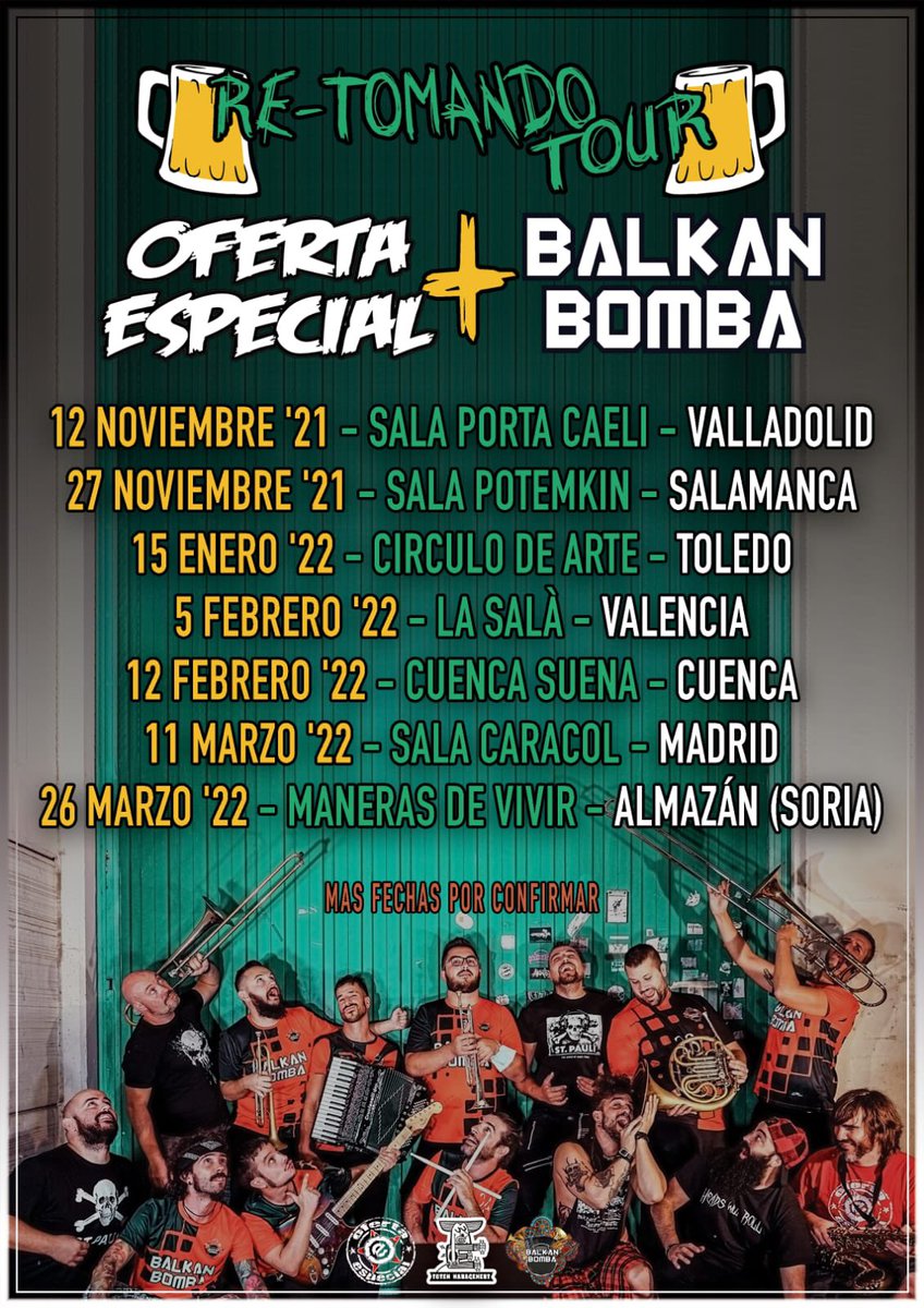 ofertaespecial's tweet photo. Tras estos tiempos de inactividad forzada, volver siempre puede ser complicado. Pero todo es más fácil si se suman fuerzas...➕💪

*Oferta Especial* y *Balkan Bomba* se unen para salir a la carretera presentando su gira conjunta 

🍻 _*RE-TOMANDO TOUR*_ 🍻 https://t.co/cTzt6QD7ED