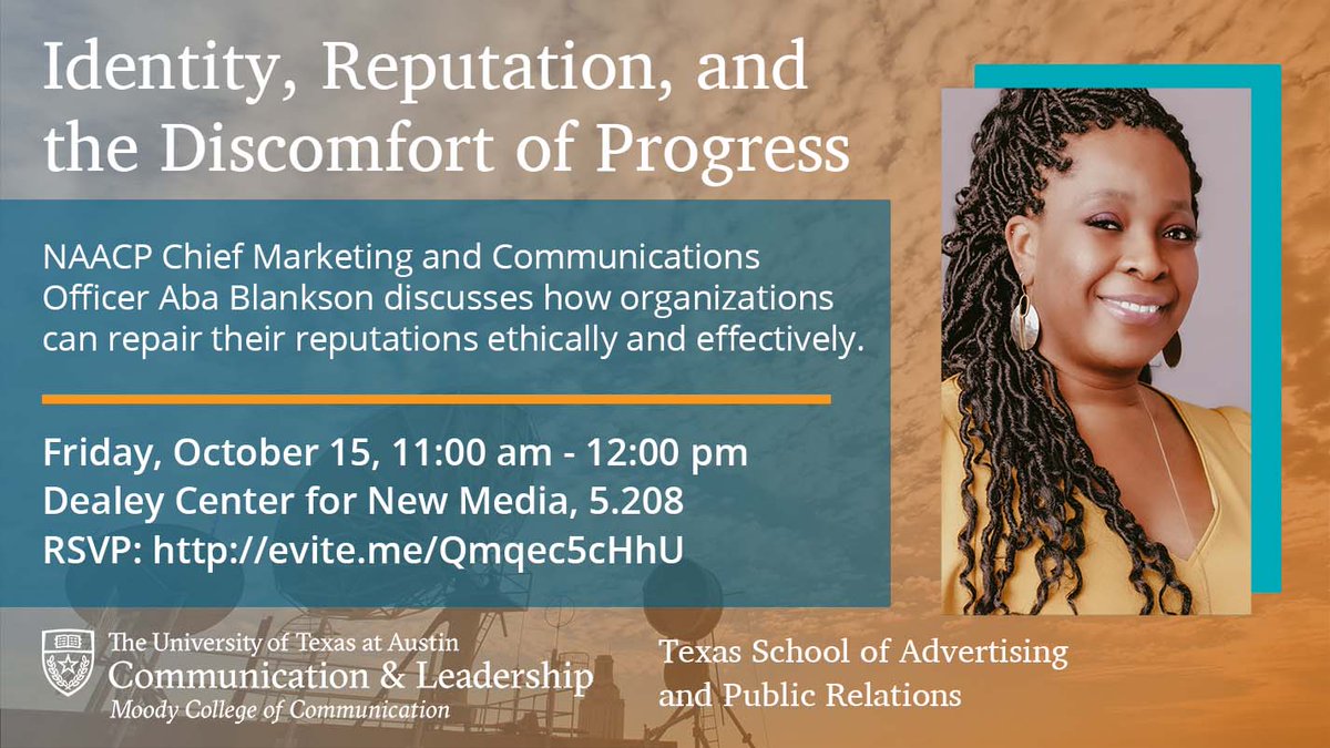 Join us this Friday, Oct. 15th at 11 am CT for a conversation w/Aba Blankson, CMO of @NAACP. She'll discuss identity, reputation & the discomfort of progress in organizations. This will take place at DMC 5.208 and there will be a free lunch. RSVP today! bit.ly/BlanksonRSVP