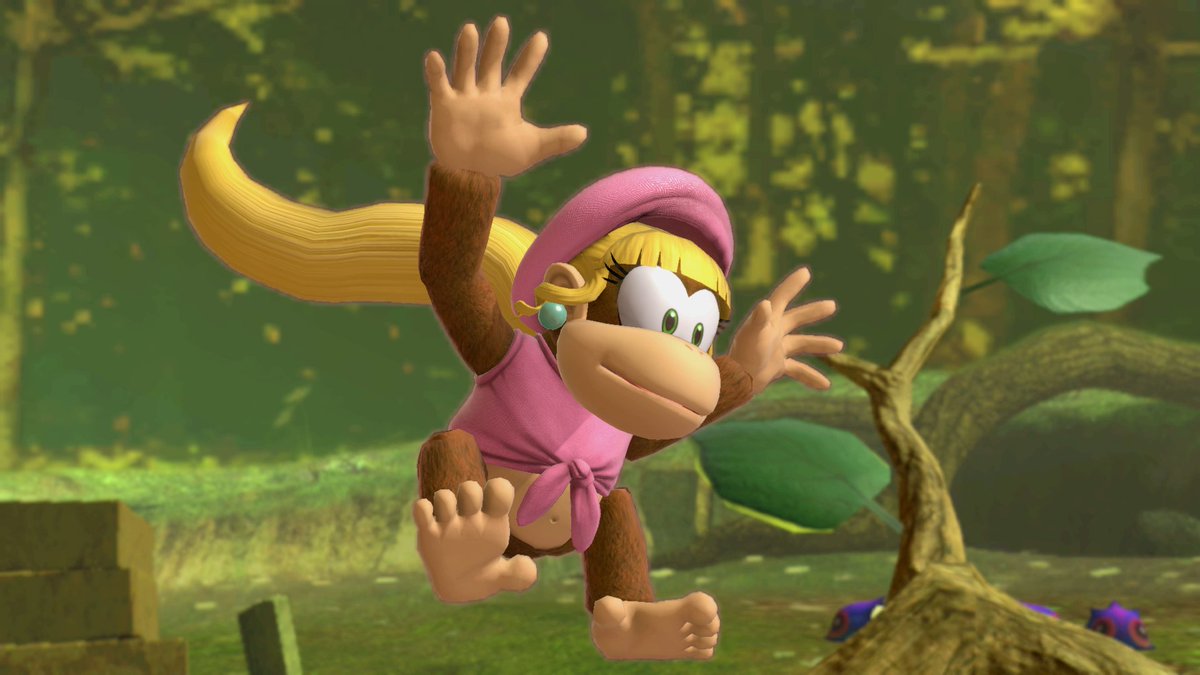 In-game preview of the Dixie Kong alt costume for Diddy Kong. 