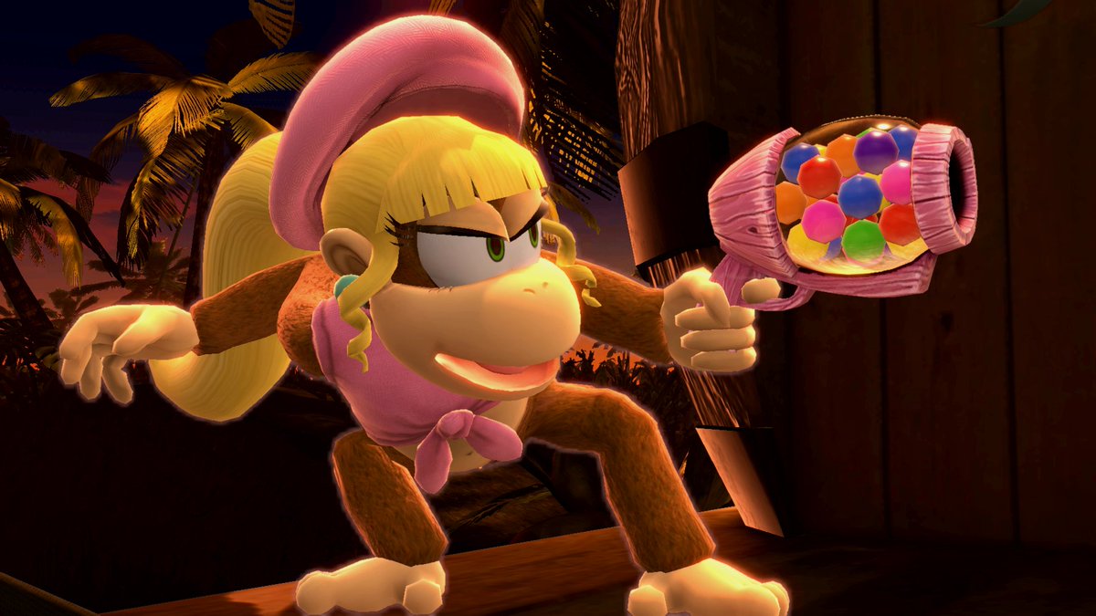 In-game preview of the Dixie Kong alt costume for Diddy Kong. 