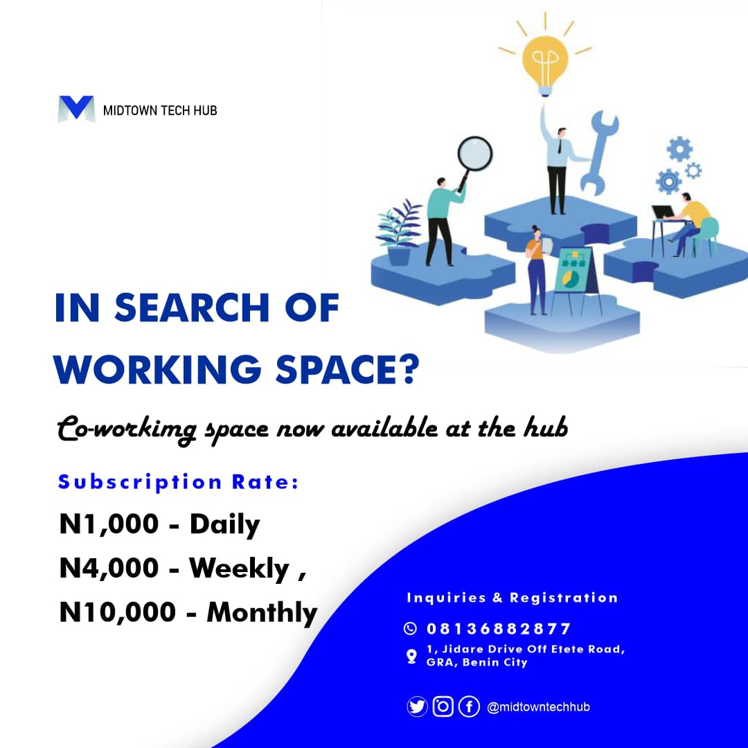 midtowntechhub's tweet image. Need a temporary working space in Benin City? You can make use of our affordable co-working space. Choose the subscription plan that soothes your need and work at your own convenience.  #MidtownTechHub #Coworking #CoworkingSpace