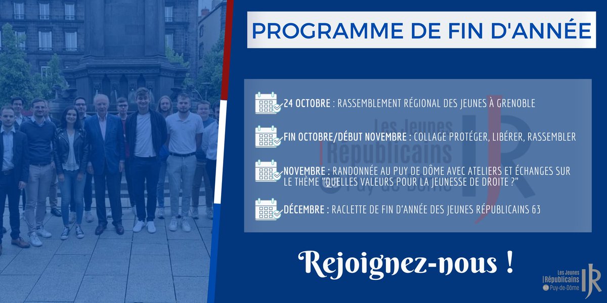 jeunesrep63's tweet photo. 📆 Découvrez le programme de cette fin d'année pour les Jeunes Républicains du Puy-de-Dôme.

👉 Pour participer à nos événements et défendre les valeurs de la droite républicaine, rejoignez-nous ! https://t.co/Qltup9o5N1