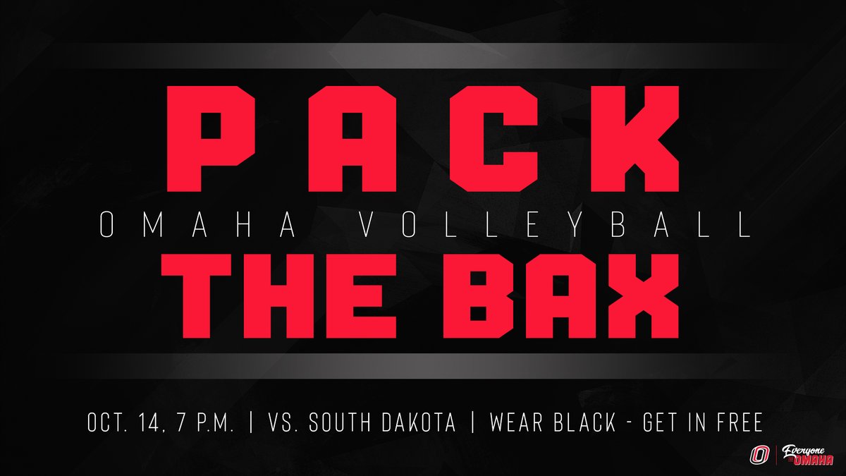 OmahaVB's tweet photo. ✖️ 𝗣𝗔𝗖𝗞 𝗧𝗛𝗘 𝗕𝗔𝗫 ✖️

We need your help packing Baxter Arena to cheer on the top team in the Summit League! Thursday, Oct. 14, the Mavericks take on South Dakota at 7 p.m. 

Wear black or your Maverick gear and get in free!

#EveryoneForOmaha | #OmahaVB https://t.co/ktkdjPSpBy