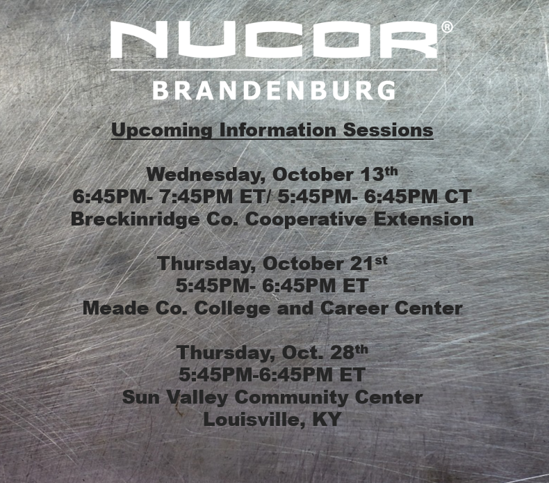 breckatc's tweet photo. Our Industry Partner NUCOR Steel Brandenburg is holding informational sessions about NUCOR and their job opportunities. 
If you are interested in learning more please attend one of the sessions. Visit https://t.co/q0eWXH6FAA or email NucorBrandenburgJobs@nucor.com. https://t.co/M307NnuMZ6