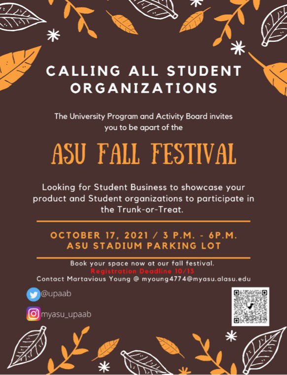 ASU_UPAAB's tweet photo. HORNETS!! Sign up your organization or business for the Fall Featival. Scan the QR code or the link in our bio to register to set up a trunk! 

#myasu #myasu25 #myasu24 #myasu23 #myasu22 #bamastate https://t.co/5t6vWHlHxZ