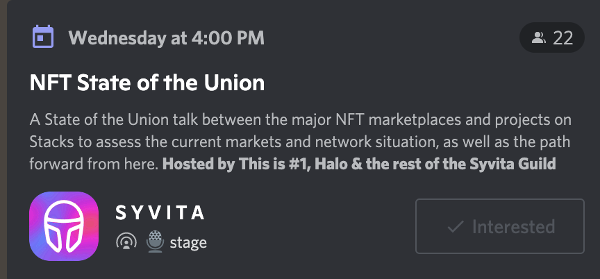 This Wednesday at 4pm all the major Stacks NFT marketplaces will come together for a State of the Union event focussing on what NFT content and service providers can do to protect against network congestion in front end applications.

#NFTs built on #Stacks for #Bitcoin #SSotU