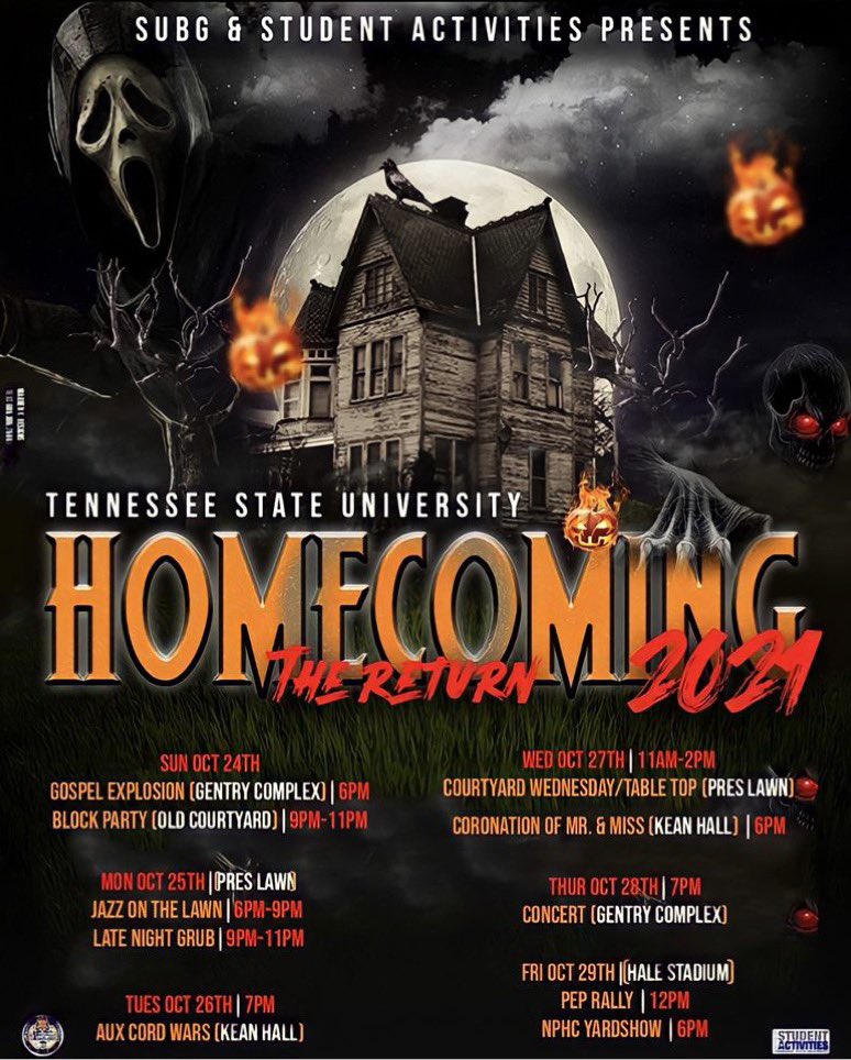 tsusubg's tweet image. GET GEEKED, GET GEEKED, it’s HOMECOMING WEEK! 🗣 The Official TENNESSEE STATE UNIVERSITY 2021 HOMECOMING LINE-UP!!🚨🚨Join SUBG as we turn y’all up all week for THE RETURN 2021!! Don’t meet us there, BEAT us there!!💙🔥🔥 #WeOnTENN #TSU25 #TSU24 #TSU23 #TSU22