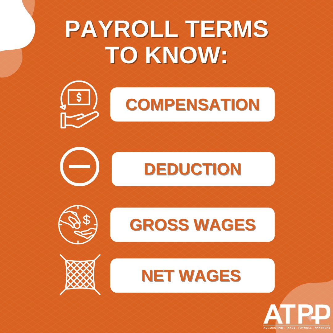 ATPPartners's tweet photo. Compensation. Deduction. Gross Wages. Net Wages.
Payroll terminology makes things clear. What other terms do you know?! 
#accounting #finance #business #accountingtips #businessmanagement #payrollsolutions #terms https://t.co/aPRUICPnlm