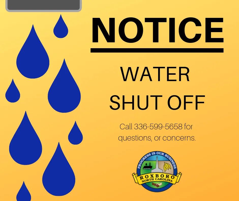 The City of Roxboro will need to suspend water service to Ridge Road from Montford Drive to Carver Drive for a valve repair on Ridge Road. The repair will begin at 8:00am on Wednesday, October 13th.