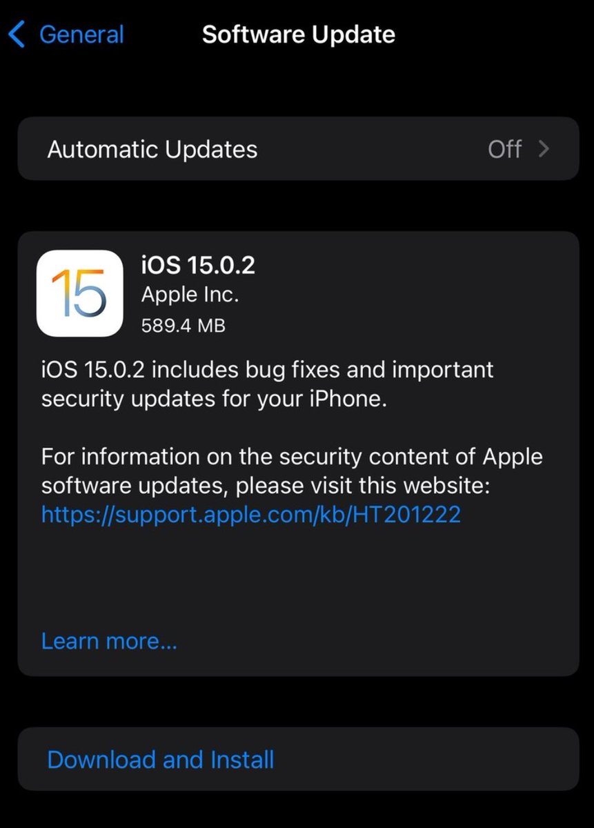 iamjustatechh's tweet image. iOS 15.0.2 has been released by Apple! 
#iOS15 #iOS1502 #iOS #Apple