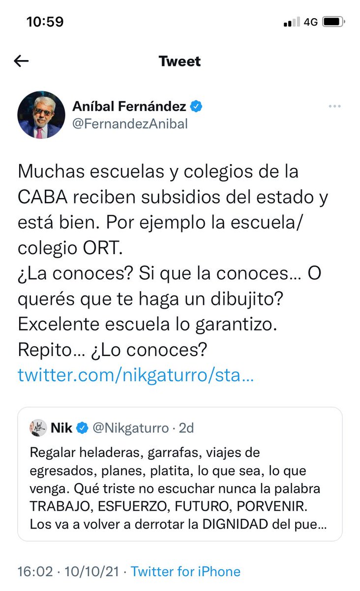 LO PEOR DE LO PEOR HA VUELTO.

Ante la critica, el MINISTRO DE SEGURIDAD DE LA NACION sale a apretar con información de la vida PRIVADA a quien se expreso.
No naturalicemos esto.

Es GRAVISIMO.

Todo el apoyo a <a href="/Nikgaturro/">Nik</a>, a su familia y a la libertad de expresión en #Argentina
