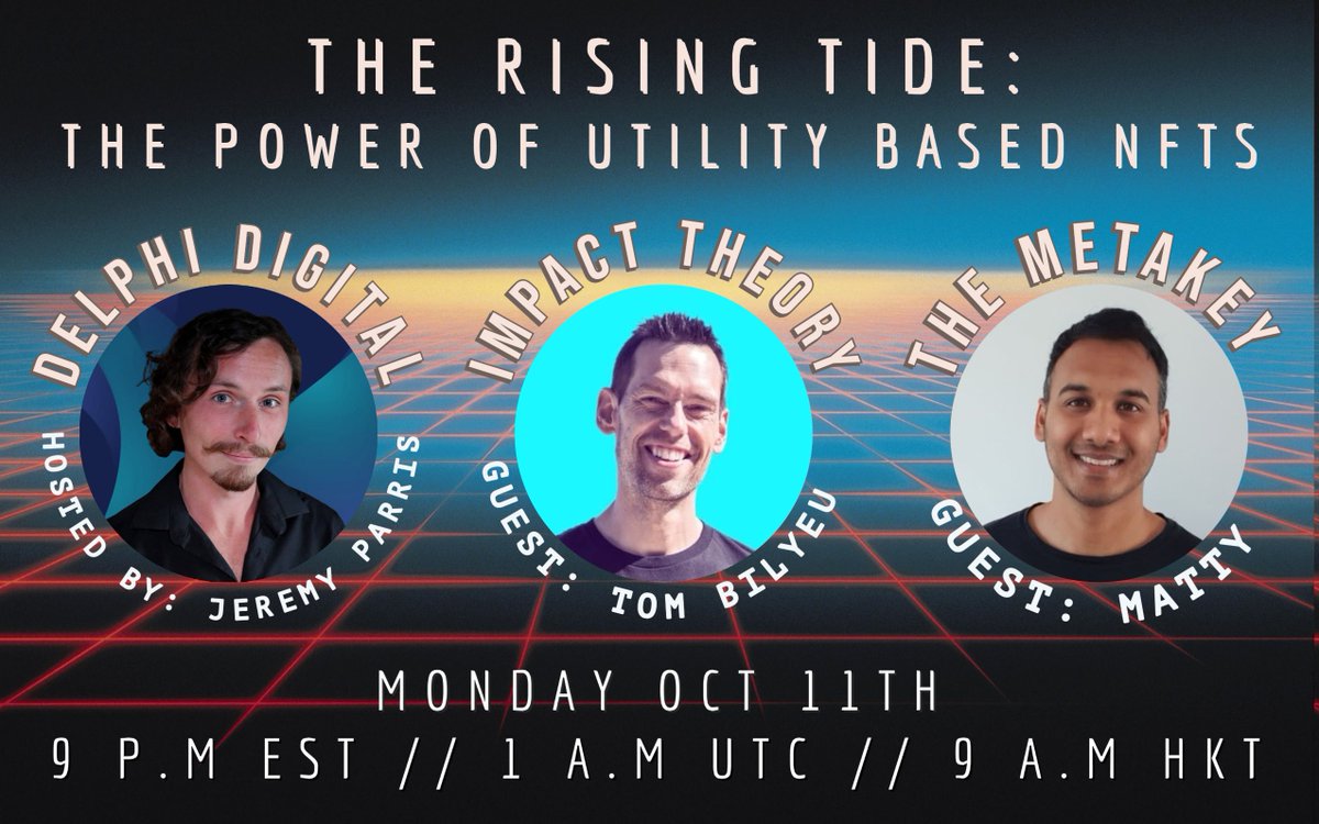 Jeremystormsky's tweet photo. Today on The Rising Tide Twitter Spaces I'm incredibly honored to host @TomBilyeu of @impact_theory and @DCLBlogger of @themetakey as we discuss NFT utility and their projects. 

You won't want to miss this today! 

Kicking off at 9pm est/ 1 am UTC / Midday AEDT https://t.co/VGQIbTrSLh