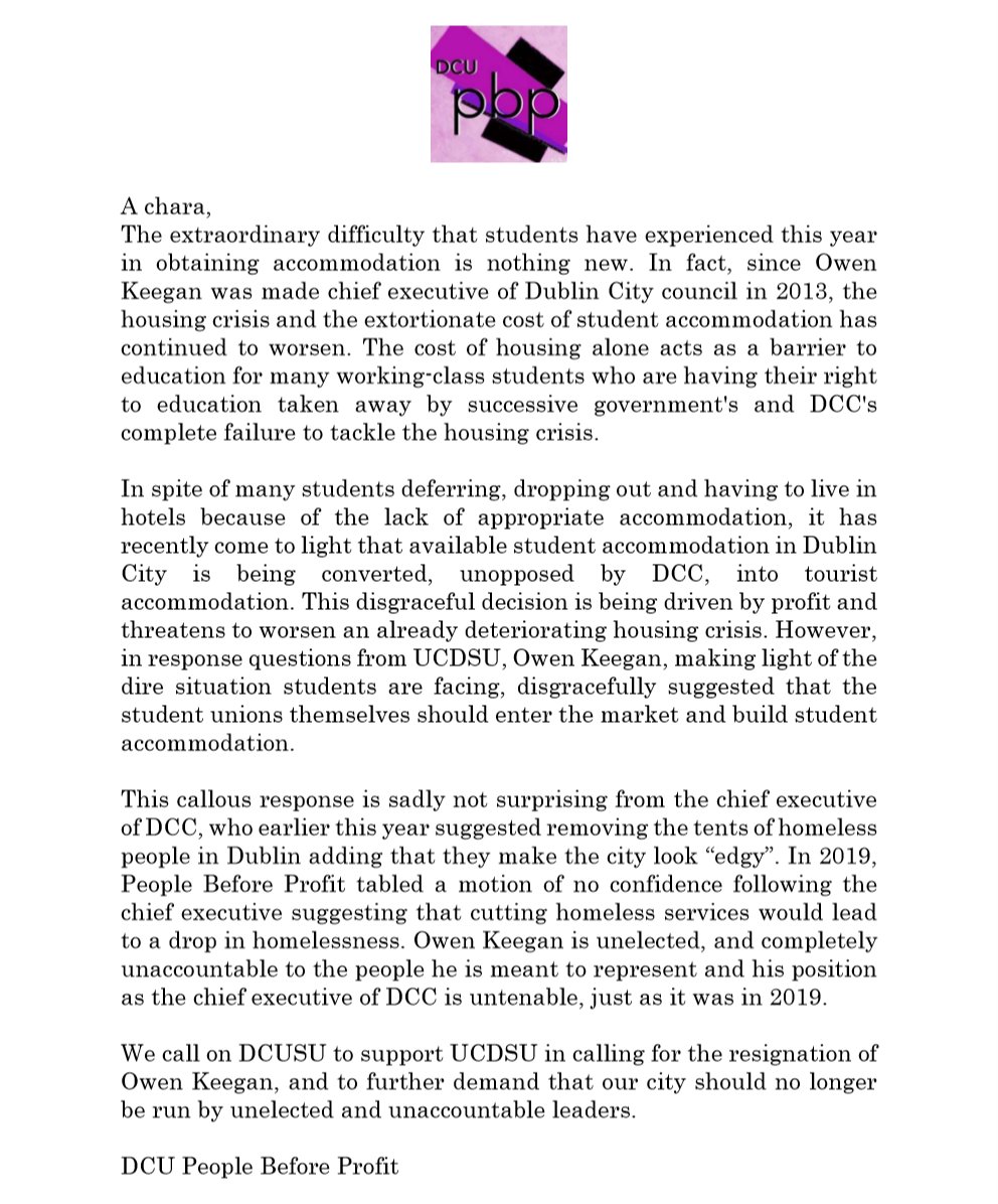 dcupbp's tweet photo. We are calling @DCUSU to support UCDSU in demanding Owen Keegan resign from his position as Chief Executive of Dublin City Council. He has shown time and time again that he is unfit and unwilling to tackle the housing crisis. https://t.co/tkRHFrsrJl