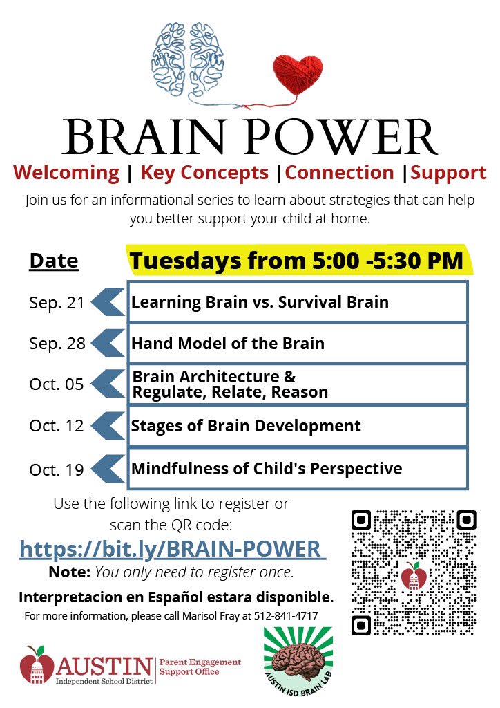 AustinISD's tweet photo. Join us! 
Due to the collective trauma caused by the pandemic as well as the unprecedented rise in mental health issues.
Austin ISD wants to make sure families are equipped with an understanding of the brain and how to support their child at home. 
https://t.co/TM1FtH9AZy https://t.co/YW82Hw3dKb