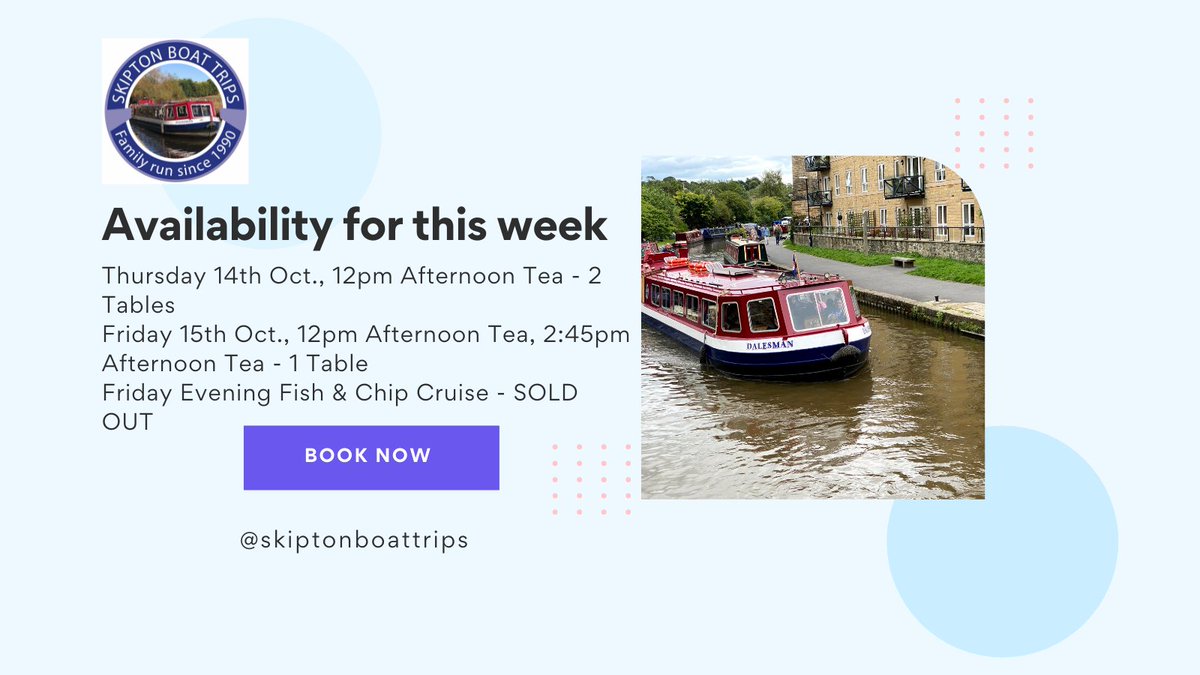 canaltrips's tweet photo. This week for our food trips, we have the following availabilities. If you are looking for our 1-hour trips, Sunday is already sold out! 

Thursday 14th 12pm Afternoon Tea - 2 Tables
Friday 15th 12pm Afternoon Tea, 2:45pm Afternoon Tea - 1 Table

@VisitSkipton @skiptonguide https://t.co/fgYbDxOTl5