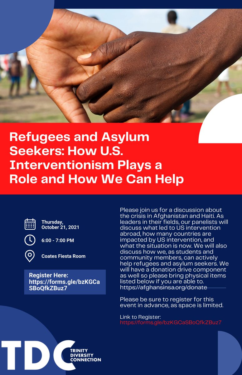 trinityutdc's tweet image. What led to U.S. intervention abroad? Join us Oct. 21st from 6-7 pm CT in the Coates Fiesta Room for an engaging panel discussion on the crisis in Afghanistan and Haiti. We hope to see you there‼
