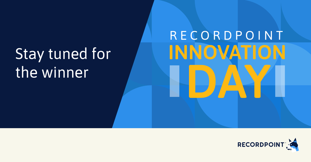 RecordPoint's tweet image. For RecordPoint's annual Innovation Day, RecordPointers worked in diverse teams to build a demonstrable solution that helps us #innovate and challenge ourselves. After 48 hours, teams pitched their concept to a panel of judges and colleagues. Stay tuned to see who won!
