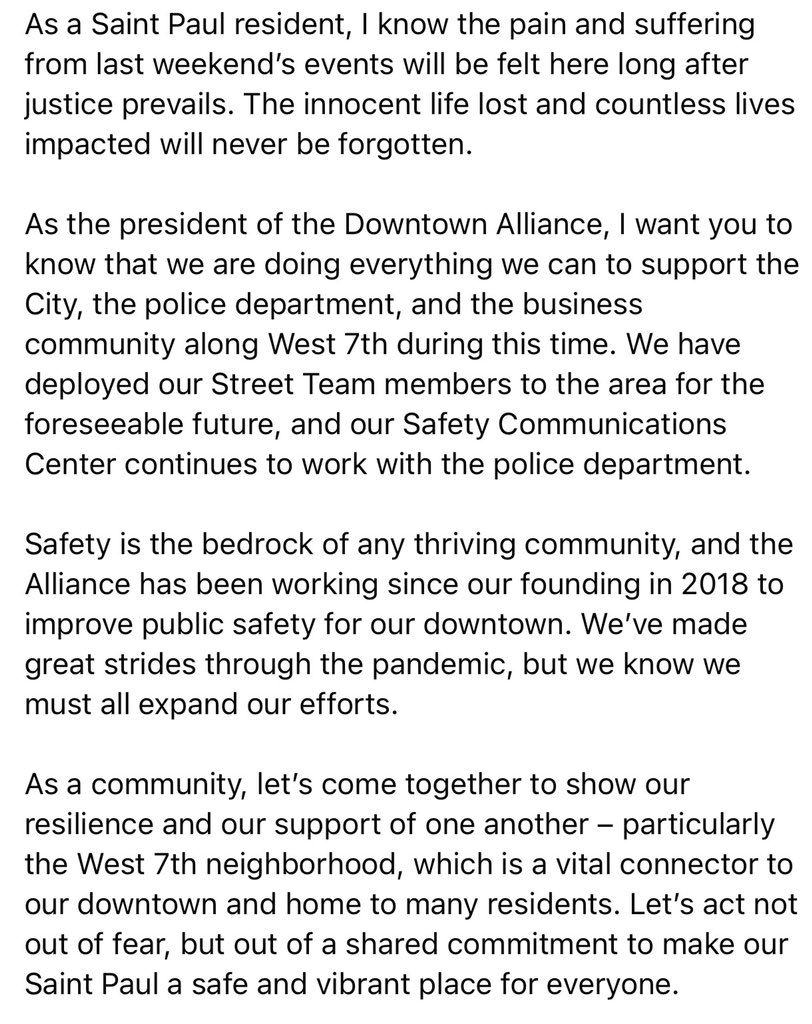 Joe Spencer (@joeyspencer) on Twitter photo As a Saint Paul resident, I know the pain and suffering from last weekend’s events will be felt here long after justice prevails. The innocent life lost and countless lives impacted will never be forgotten. … continued below As a Saint Paul resident, I know the pain and suffering from last weekend’s events will be felt here long after justice prevails. The innocent life lost and countless lives impacted will never be forgotten. … continued below