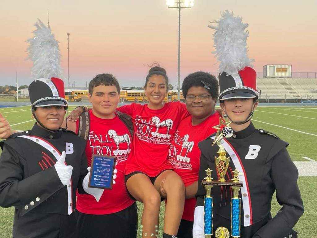 BurtonIsd's tweet photo. The Burton Panther Band traveled to Edna to participate in the Edna Marching Invitational on Saturday, October 9.  The Panther Band earned a 2nd division rating, won a 3rd place trophy in class 2A and Best Drum Major Award in class 2A. https://t.co/eJC3OCDvuc