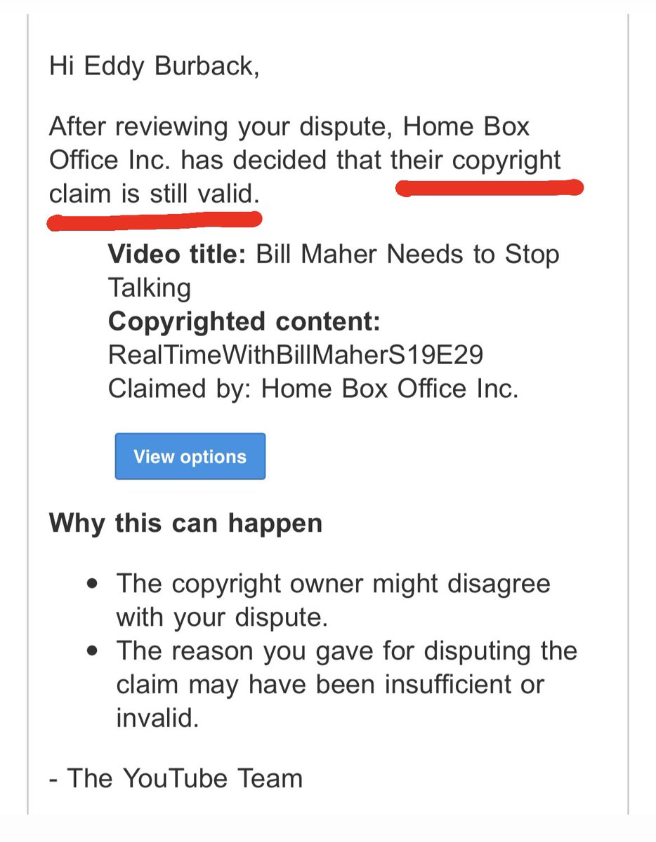 eddyburback's tweet photo. Pretty crazy that they “decided” my video was not fair use

Especially when the content I’m criticizing can only exist each week because it’s protected by fair use laws https://t.co/ZdrEdwwMki
