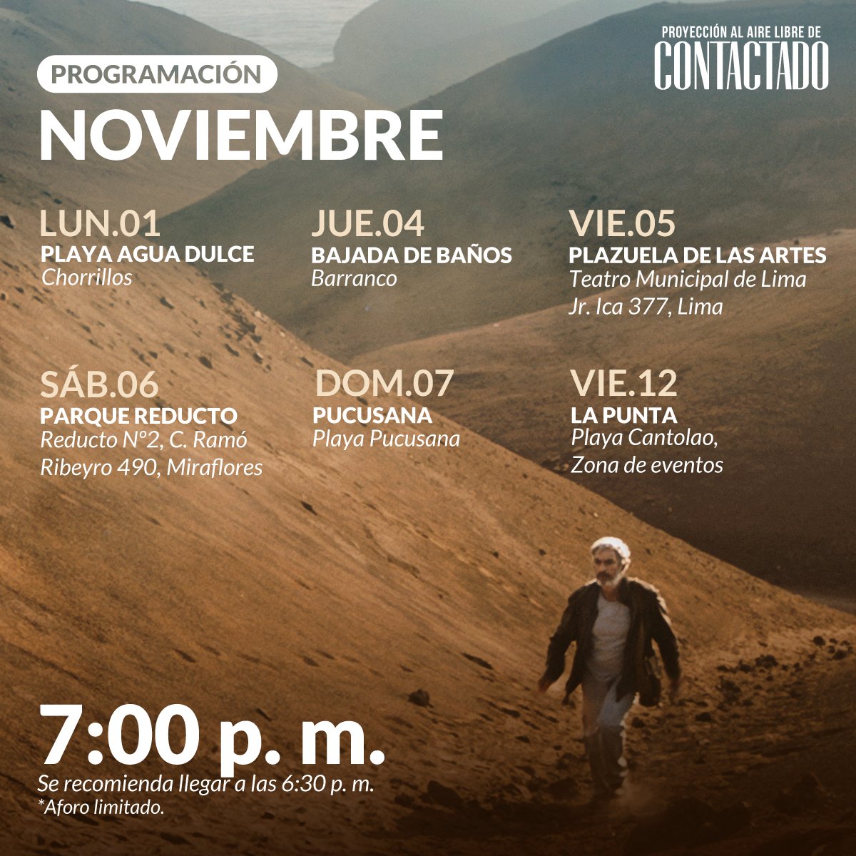¡#ContactadoFilm estrena en Lima este 15 de Oct!🎬
Proyecciones al aire y libre y de ingreso gratuito.🎞Aquí te dejamos nuestra programación completa.

#Estreno #estrenoperuano #cineperuano