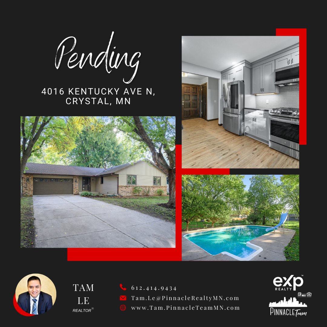 PinnacleTeamUS's tweet image. An Offer was ACCEPTED! It is NOW Pending!

#TamLeRealtor #CountdowntoClosingDay #CrystalMN #PinnacleTeamMN #EXPRealty
