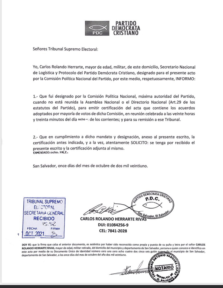 Para información general y registro público:

Este día se presentó ante el Tribunal Supremo Electoral el escrito y la certificación adjunta al mismo, siguientes: