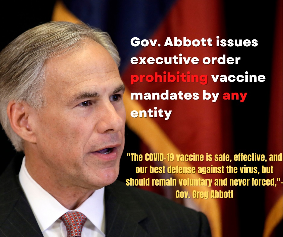 KLTV7's tweet photo. Gov. Abbott issues executive order further banning vaccine mandates

https://t.co/2BQjO24fEL https://t.co/C6p0B98bLf