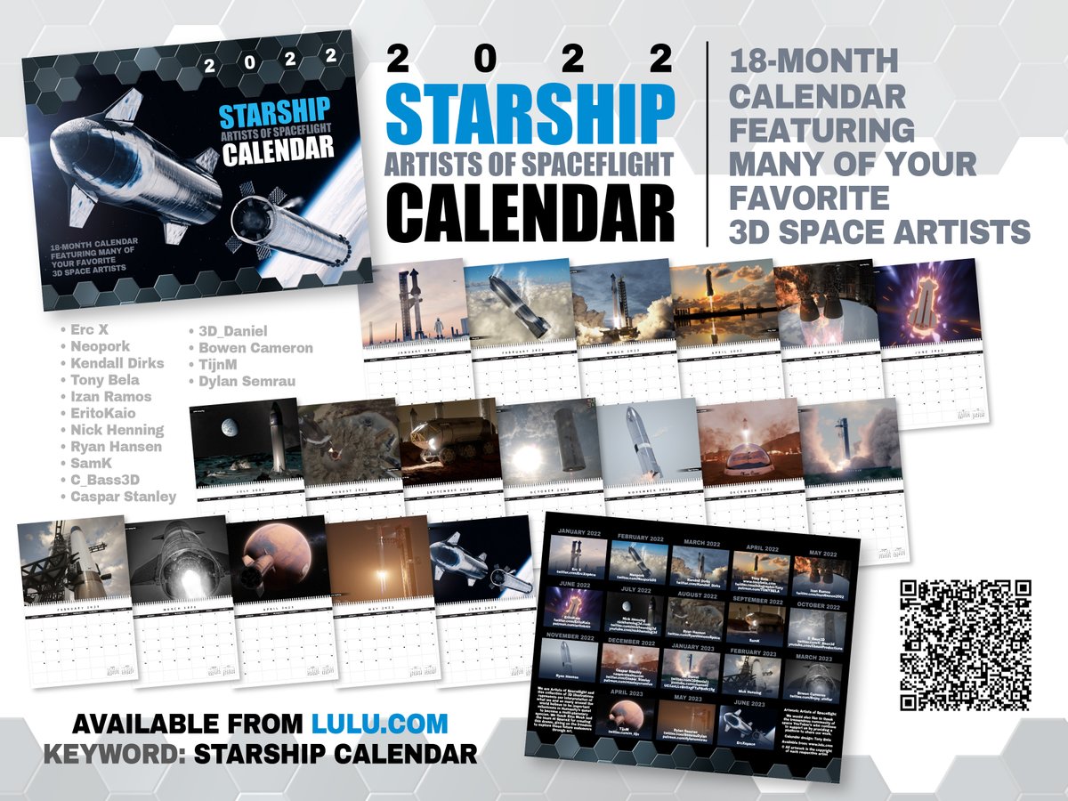 It's here! After months of work from some very talented artists, the Artists of Spaceflight Starship calendar is here: tinyurl.com/5dfxmrke

Featuring artwork from myself, @ErcX, <a href="/Neopork85/">Neopork</a>, <a href="/Kendall_Dirks/">Kendall Dirks</a>, <a href="/InfographicTony/">Tony Bela - InfographicTony</a>, <a href="/IzanRamos2002/">Izan Ramos</a>, <a href="/EritoKaio/">Erito.</a>, <a href="/nickhenning3d/">Nick Henning</a>...