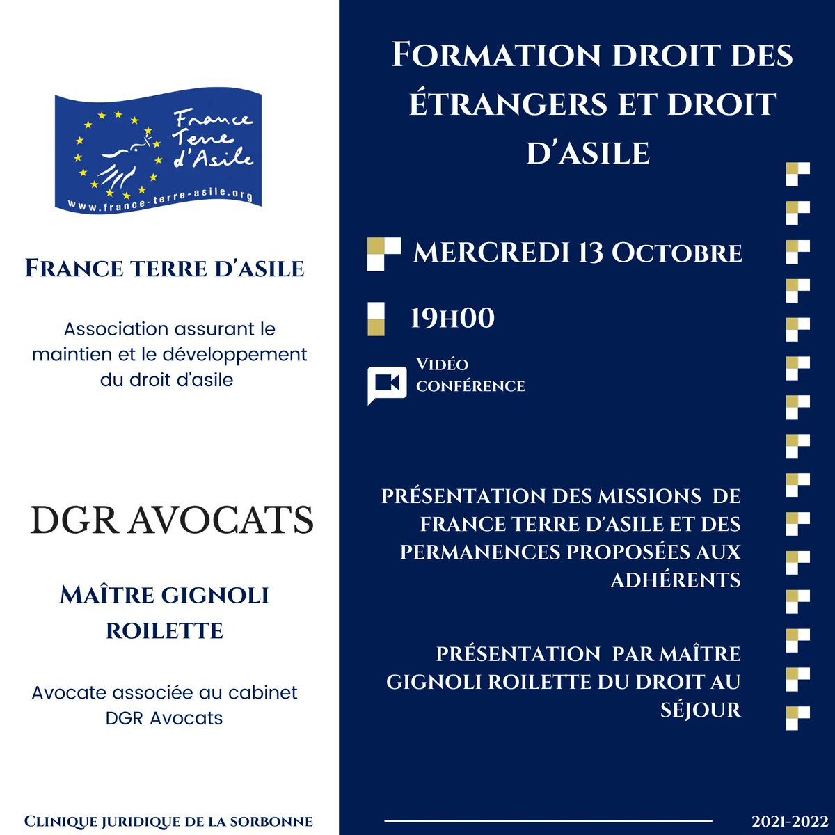 cjsorbonne's tweet photo. 📆 Le pôle droit des étrangers et droit d'asile organisera ce mercredi 13 octobre à 19h, via zoom, une formation obligatoire pour tous ceux qui souhaitent rejoindre ce pôle !!

🤝 À cette occasion, vous aurez notamment l'opportunité d'écouter l'association France Terre d'asile ! https://t.co/gtb5IqZnIQ