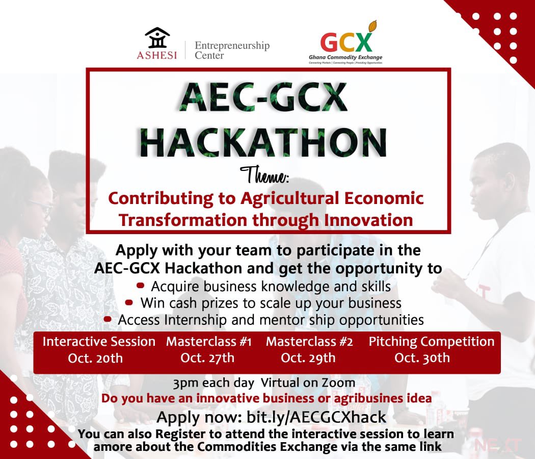 AshesiEntCenter's tweet image. The Ashesi Entrepreneurship Center is organising a hackathon in collaboration with the Ghana Commodity Exchange Commission (GCX). 

NB: This Hackaton is for #Ashesi students only and we are looking forward to your innovative ideas

#AECGCXhack #VirtualHackathon #ashesientship