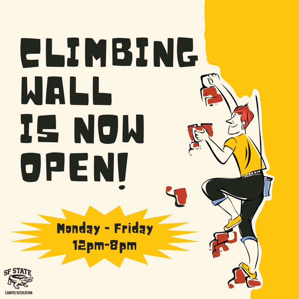 ⚠️ ATTENTION GATORS! ⚠️ The climbing wall is finally back by popular demand! It’s open Monday through Friday from 12pm-8pm 🧗🏽 Climbing equipment is available to check out at the front desk ⛓🥾🐊✨