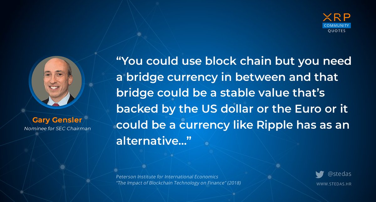 stedas's tweet photo. "You need a bridge currency to use blockchain technology for central banks to send remittances" (2018)
- Gary Gensler, SEC Chairman

👉https://t.co/0lcYGbyAIV  
 
#fintech #crypto #xrp @JohnEDeaton1 https://t.co/7A5RFSHqqC