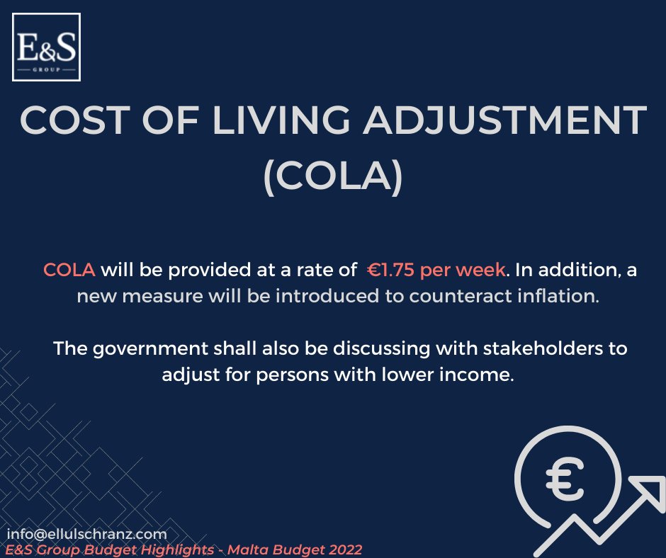 EllulSchranz's tweet photo. Main Budget Highlight: Cost of Living Adjustment. 

#esgroup #solutionproviders #Budget2022🇲🇹 https://t.co/t7o9ABdEqW