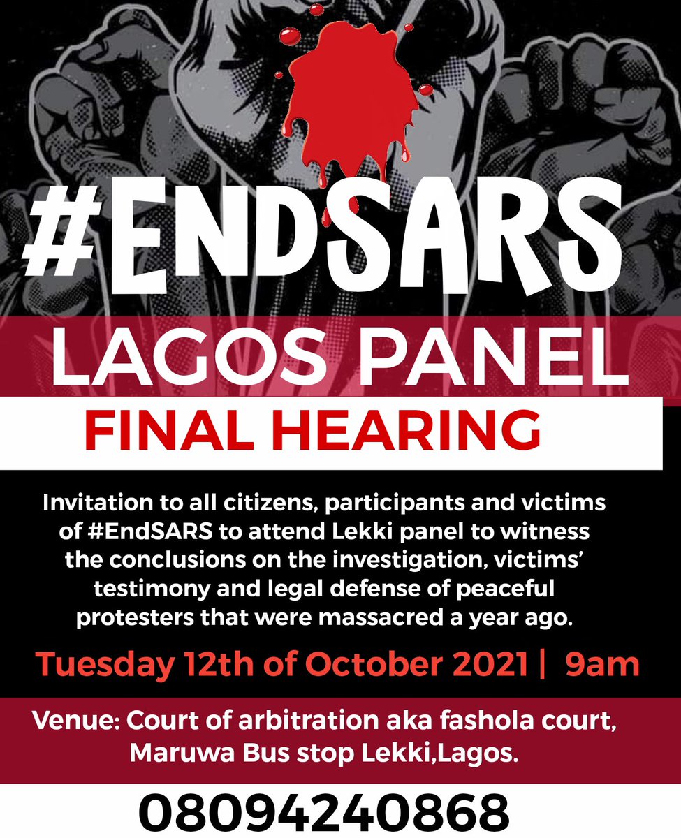 Invitation to #EndSARS panel

Venue: court of arbitration (a k a Fashola court), maruwa bus stop Lekki 

Time: 9am 

#RevolutionNow #EndBadGovernment #BuhariMustGo