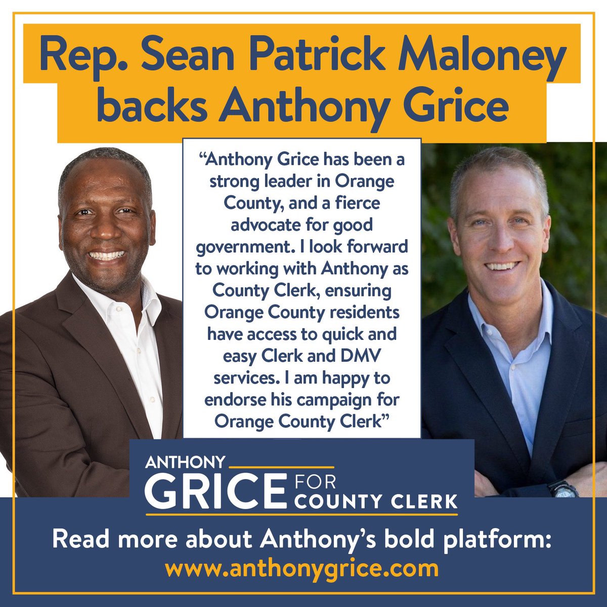GriceForOC's tweet photo. I am proud to have been endorsed by Congressman @spmaloney! It feels great to have such a strong advocate for Orange County backing our campaign! https://t.co/gJH12n8hmC
