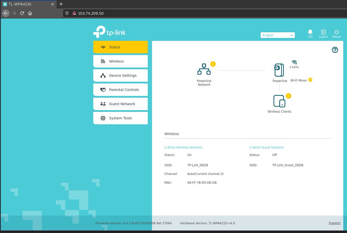 macroform_node's tweet image. 151.177.74.32
113.253.6.99
103.74.209.50
91.126.200.65
149.34.23.204

5 #TPLink #TLWPA4220 access points with their admin pages open to the internet with #DefaultCredentials still unchanged
#cybersecurity #infosec #informationsecurity #infosecresearch