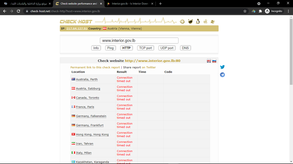 GhostClan_404's tweet photo. Offline:
www. interior .gov .lb
Interior ministry of Lebanon website is down for everyone. This is just a test, but the attack proves to be succesful. #TangoDown #Anonymous #Lebanon #lebaneserevolution #DDoSecrets #DDoS #ExpectUs https://t.co/2D54echlCQ