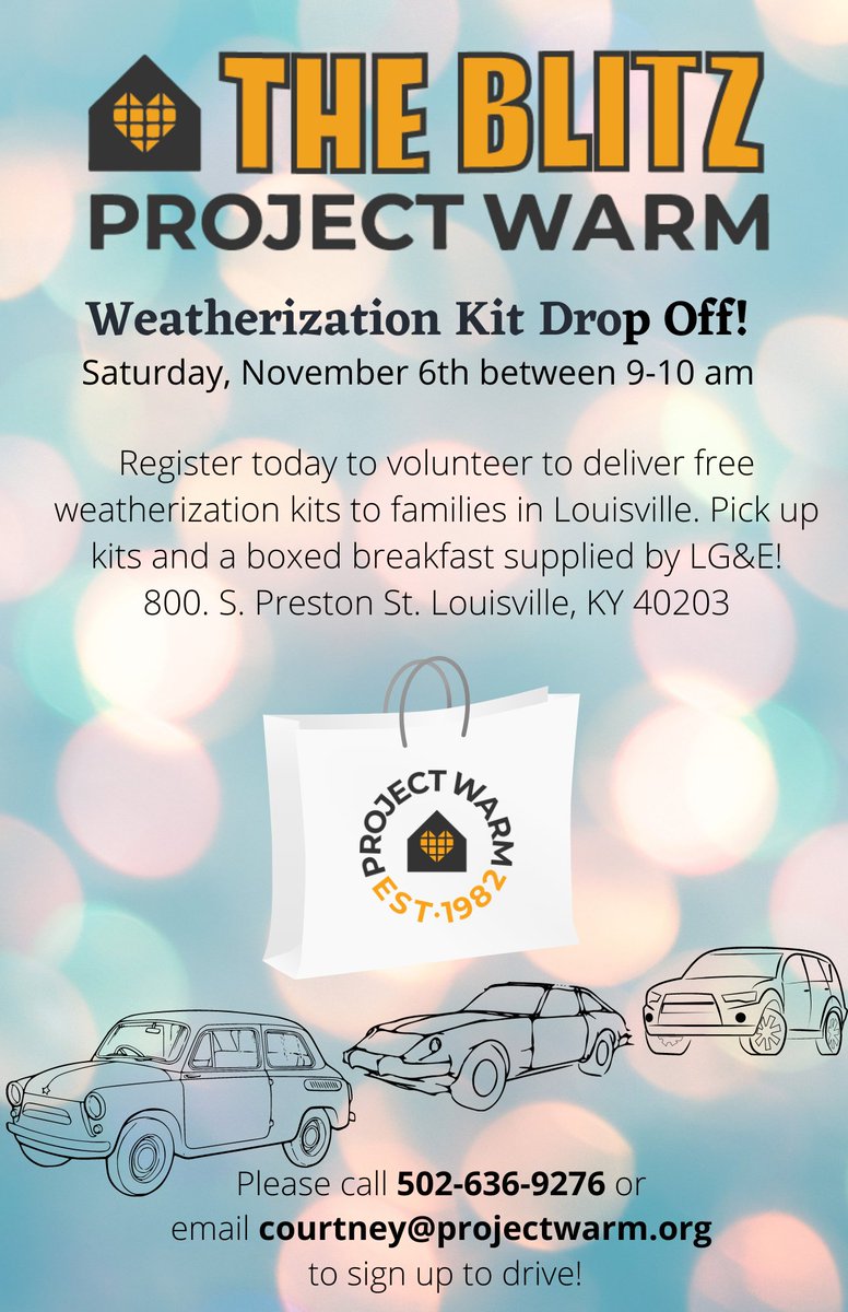 project_warm's tweet photo. We need your help in delivering weatherization kits to families around Jefferson county on November 6th! 

Please contact Courtney if you would like to participate! courtney@projectwarm.org
502-636-9276

We are in need of at least 14 more teams before October 22nd! https://t.co/BuJbgy9MJg