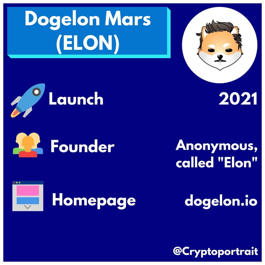 cryptoportrait's tweet photo. Today we want to introduce you to #dogelonmars .
Tell us in the comments what you think about #elon and its future. 🤔

We hope you enjoy our educational content.🎓
Keep in mind that this is not financial advice.

#ElonMusk #Crypto #Currency #dogecoin #information #invest #learn https://t.co/KMgnYBrdoh