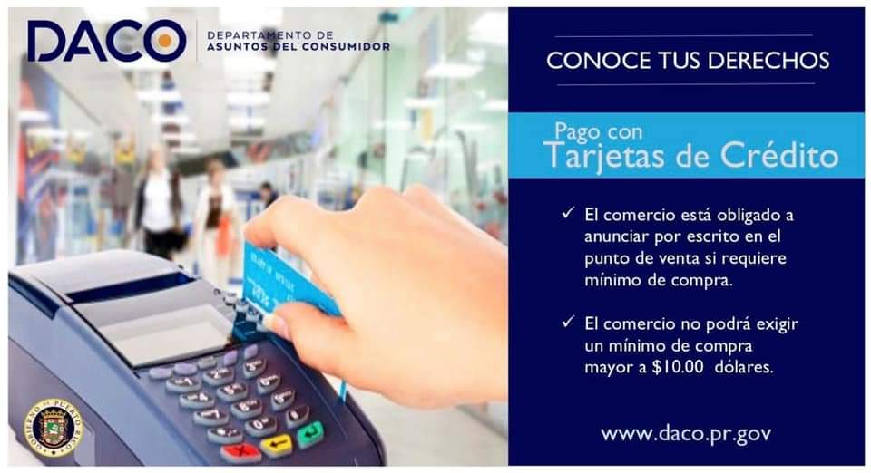 dacoatufavor's tweet photo. Si un comercio establece un monto mínimo para el pago con tarjeta, debe anunciarlo por escrito, en forma clara y adecuada. La compra mínima nunca podrá ser mayor de $10, en caso de tarjetas de crédito; o de $5, si se trata de tarjetas de débito. #DACoEduca. https://t.co/i108g0VDlK